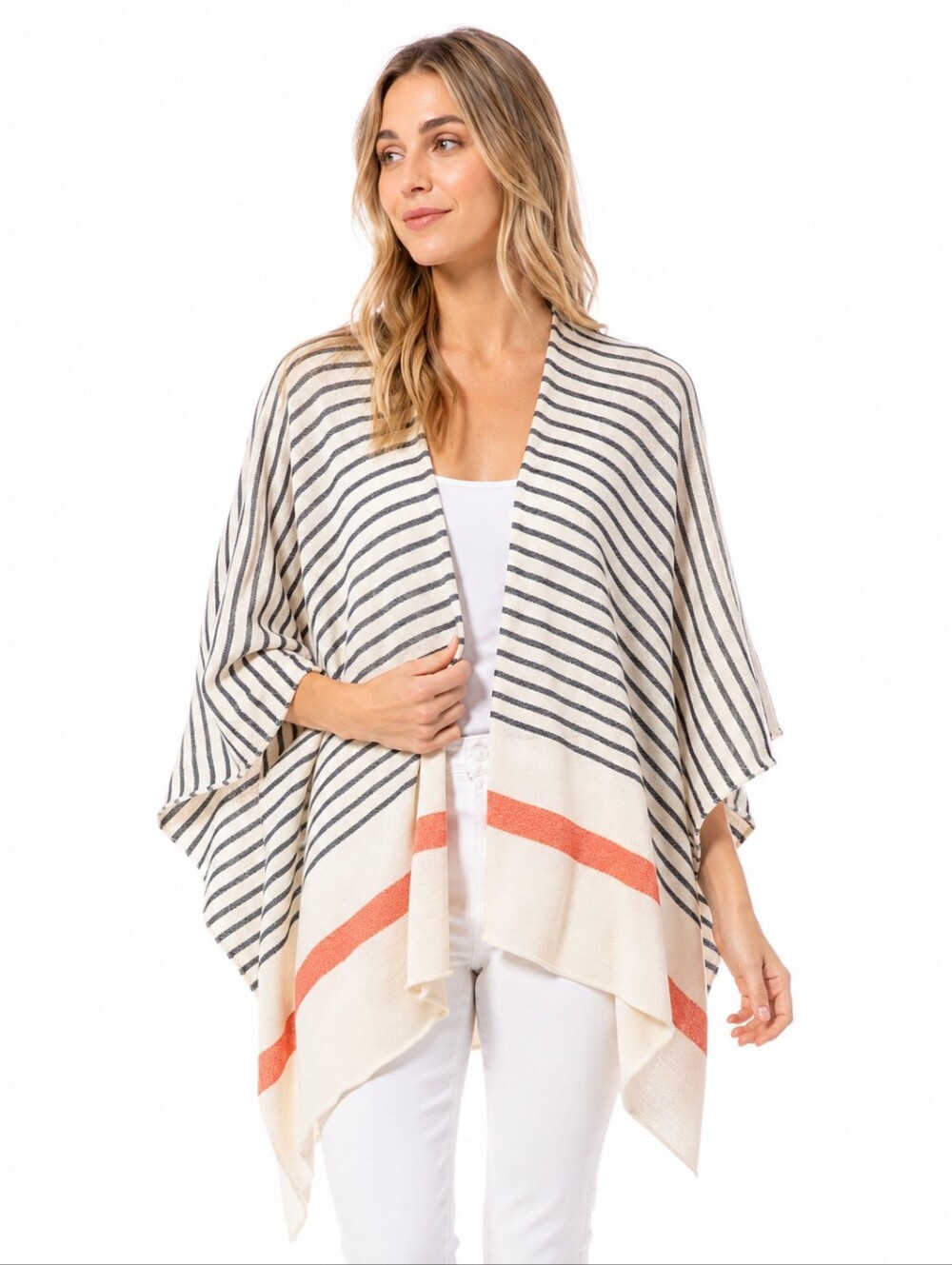 Mer Sea & Co Women’s One Size Striped Shawl Wrap Cape Ivory Coral Gray Coastal